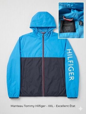 Tommy Hilfiger Blue and Black Hooded Colorblock Windbreaker